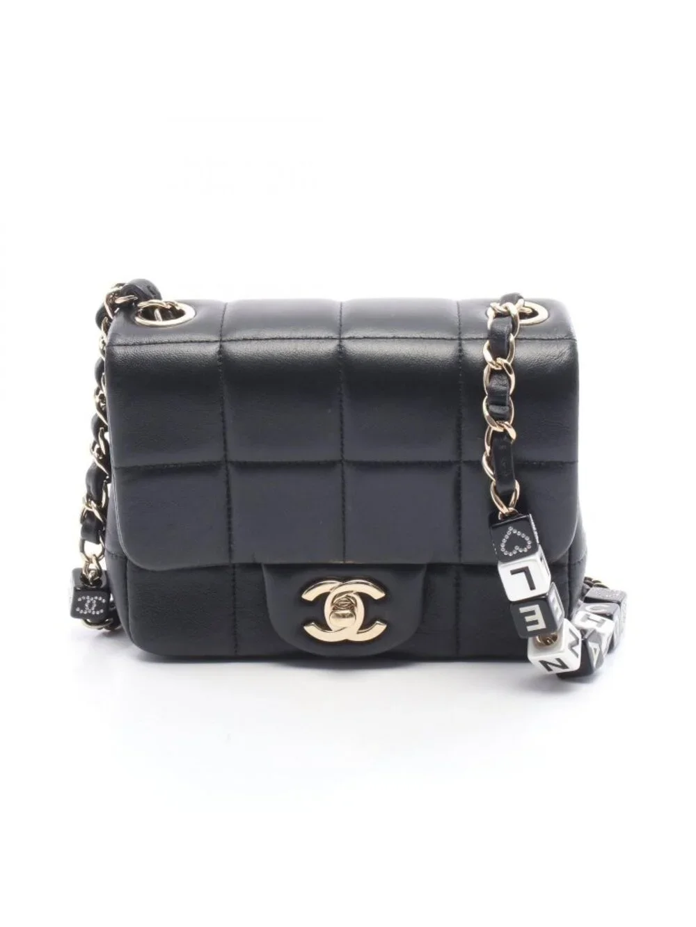 Chanel Shoulder Bag Choco Bar Mini Flap Black Leather Mini Chain